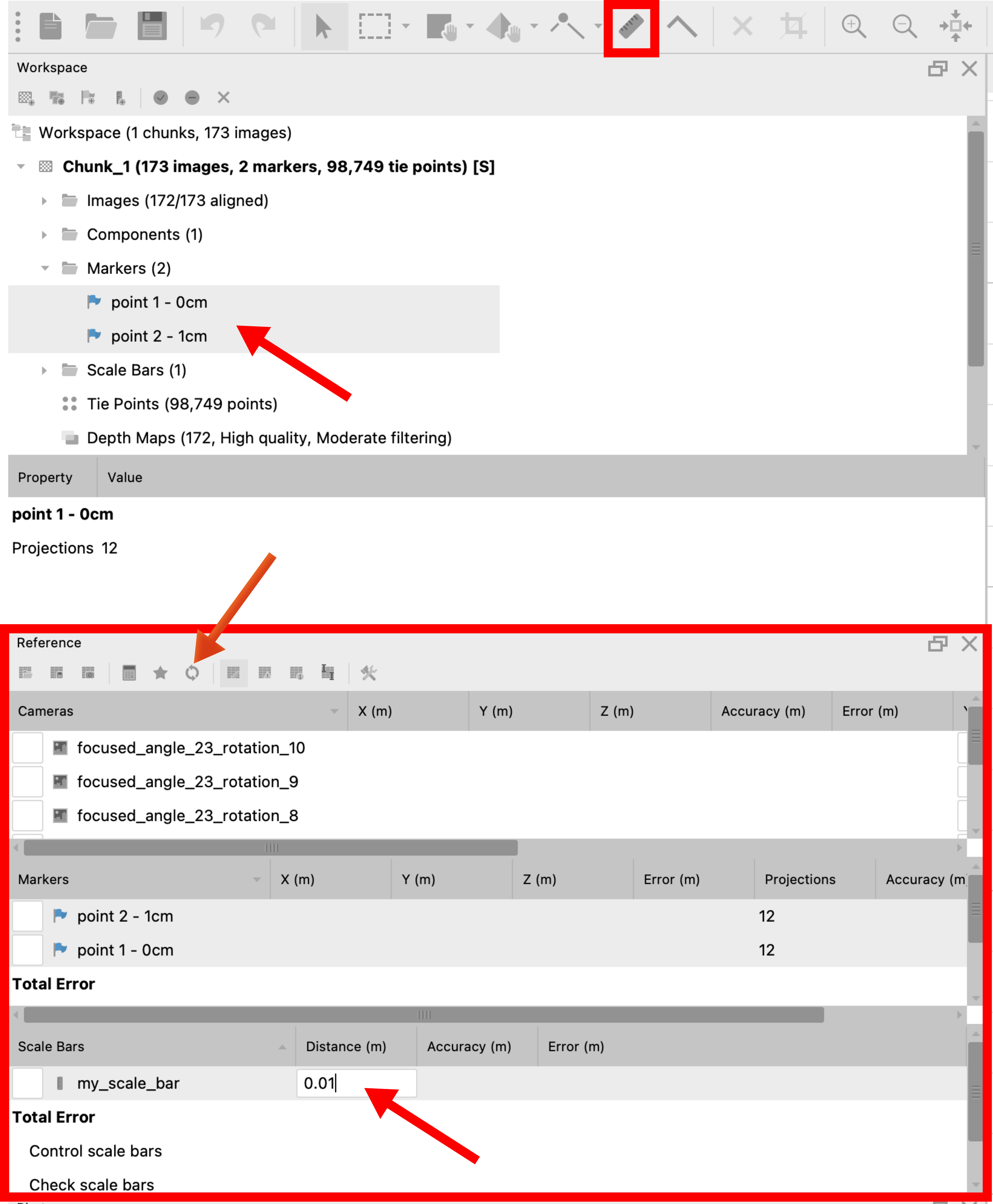 Scaling. Top arrow: Markers added at each end of the scale bar (i.e., at the 0 cm and 1 cm points). Middle Arrow: *Update Transform* button. Bottom arrow: Input of scale bar length in meters. Small red box (top): Ruler tool. Large red box (bottom): Reference panel.